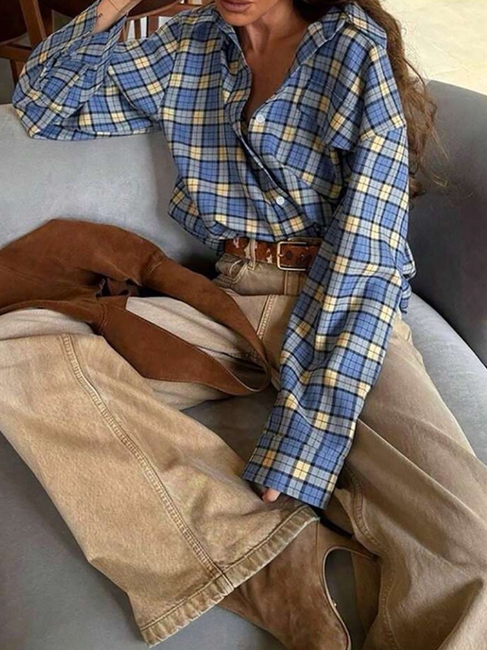 Women's Vintage Street Fashion Blue Plaid Polyester Long Sleeve Button-Down